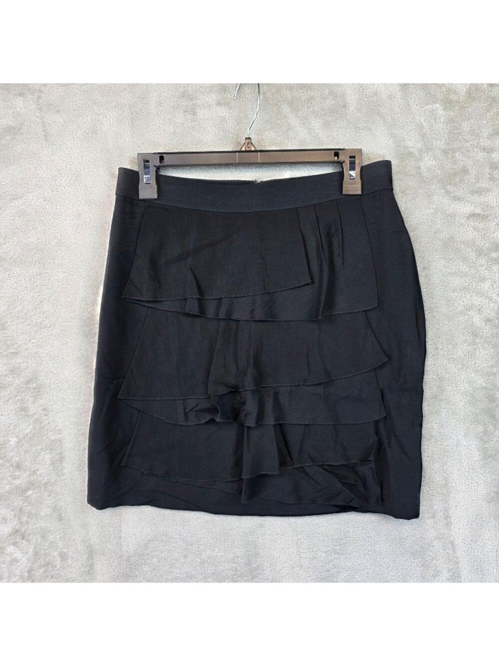 BCBGMAXAZRIA Skirt Womens 4 Black Layered Ruffle Pencil Short Lined Back Zip